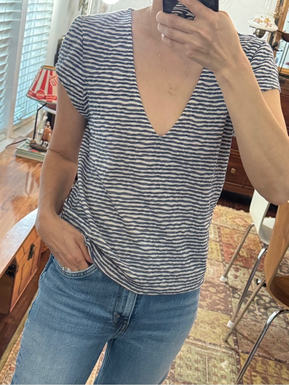 Maeve Anthropologie Striped V-Neck Knit Top Coastal Preppy Blue White Preppy M